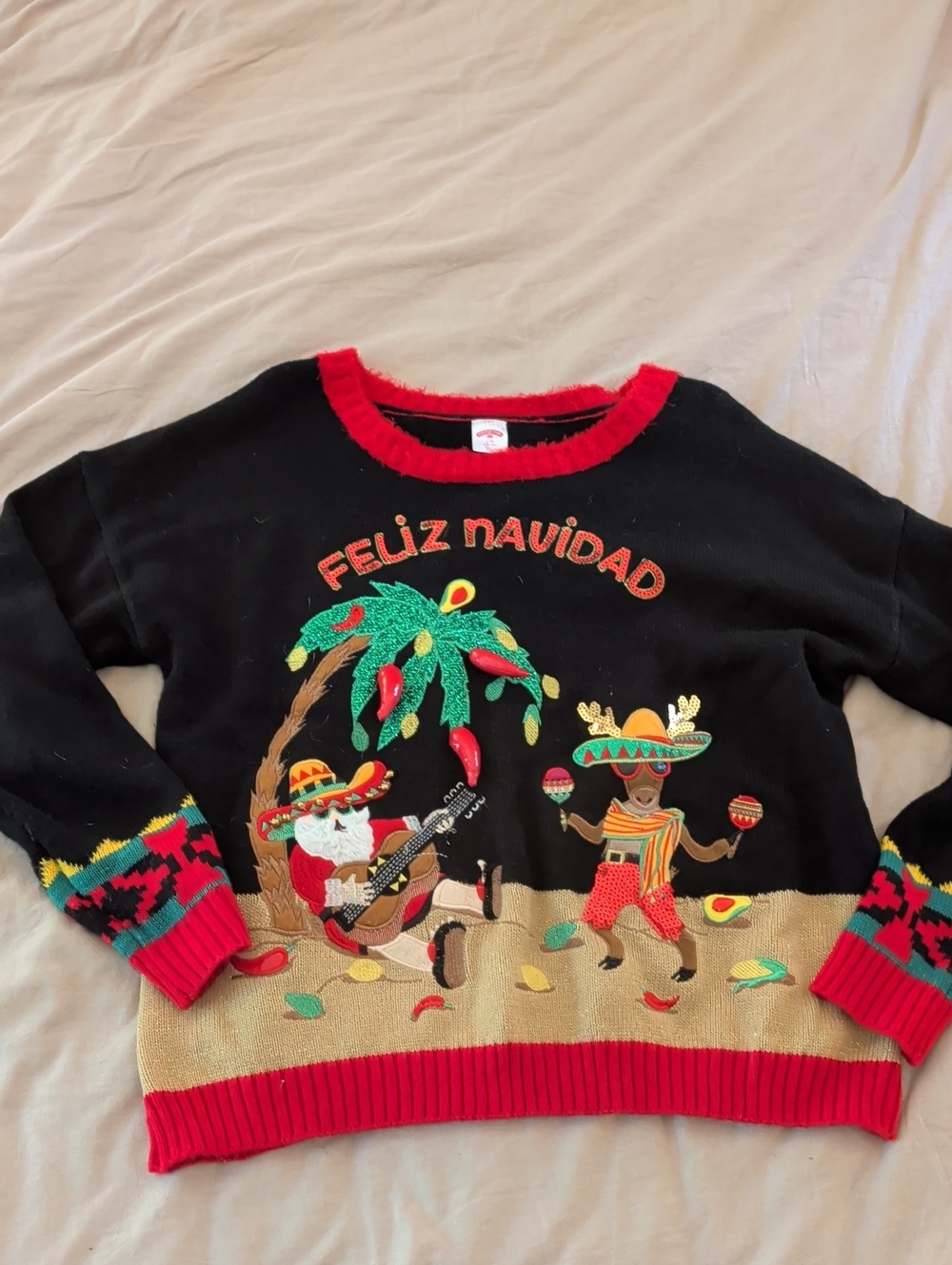 Women's Black 'Feliz Navidad' Ugly Sweater with Red Trim